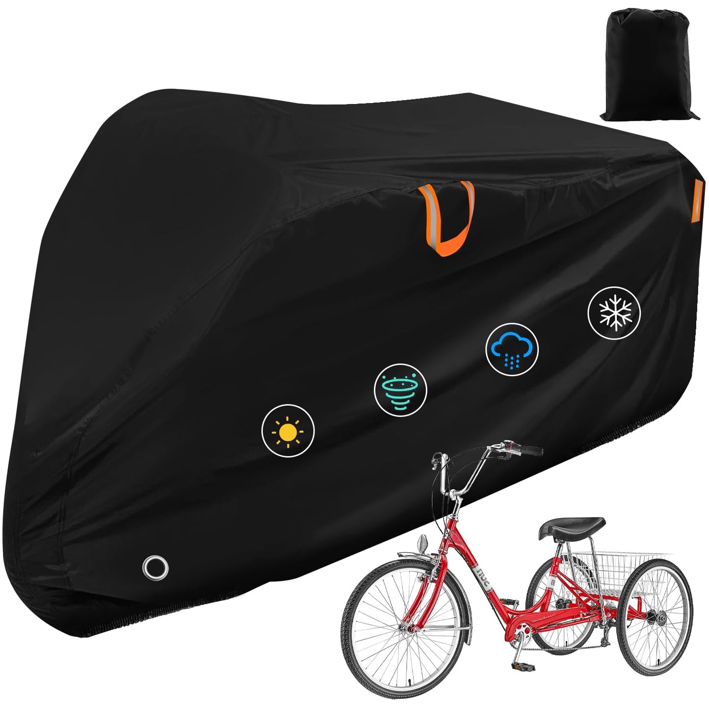 Adult Tricycle Cover Outdoor Storage Waterproof ,Heavy Duty Anti-UV 420D Tearproof Bike Covers Fit for Electric Trike,3 Wheels eTrike Bicycle, All Weather Use,Windproof Buckle,Lock Hole