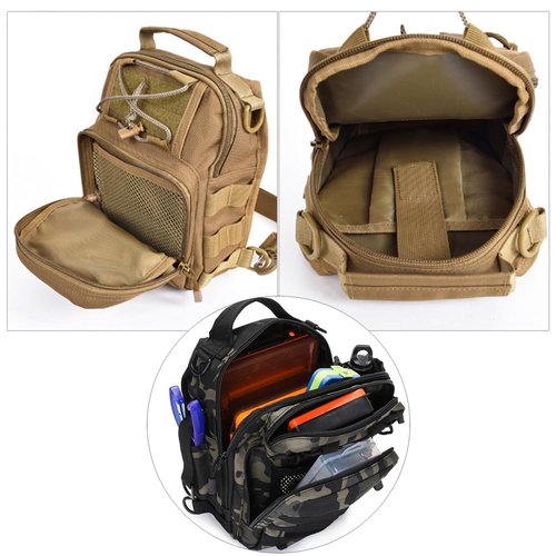 RTGGSEL Men's Camouflage Tactical Sling Shoulder Bags Travel Military MOLLE EDC Crossbody Chest Bag with USB Charging Port (String Black Camo)