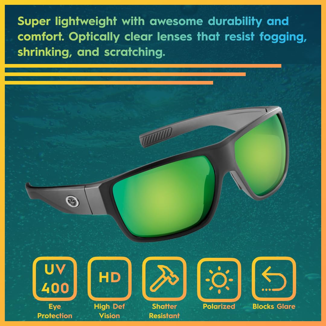 Flying Fisherman Granders Polarized Square Sunglasses, Matte Black Frame/Green Mirror Lens, Large