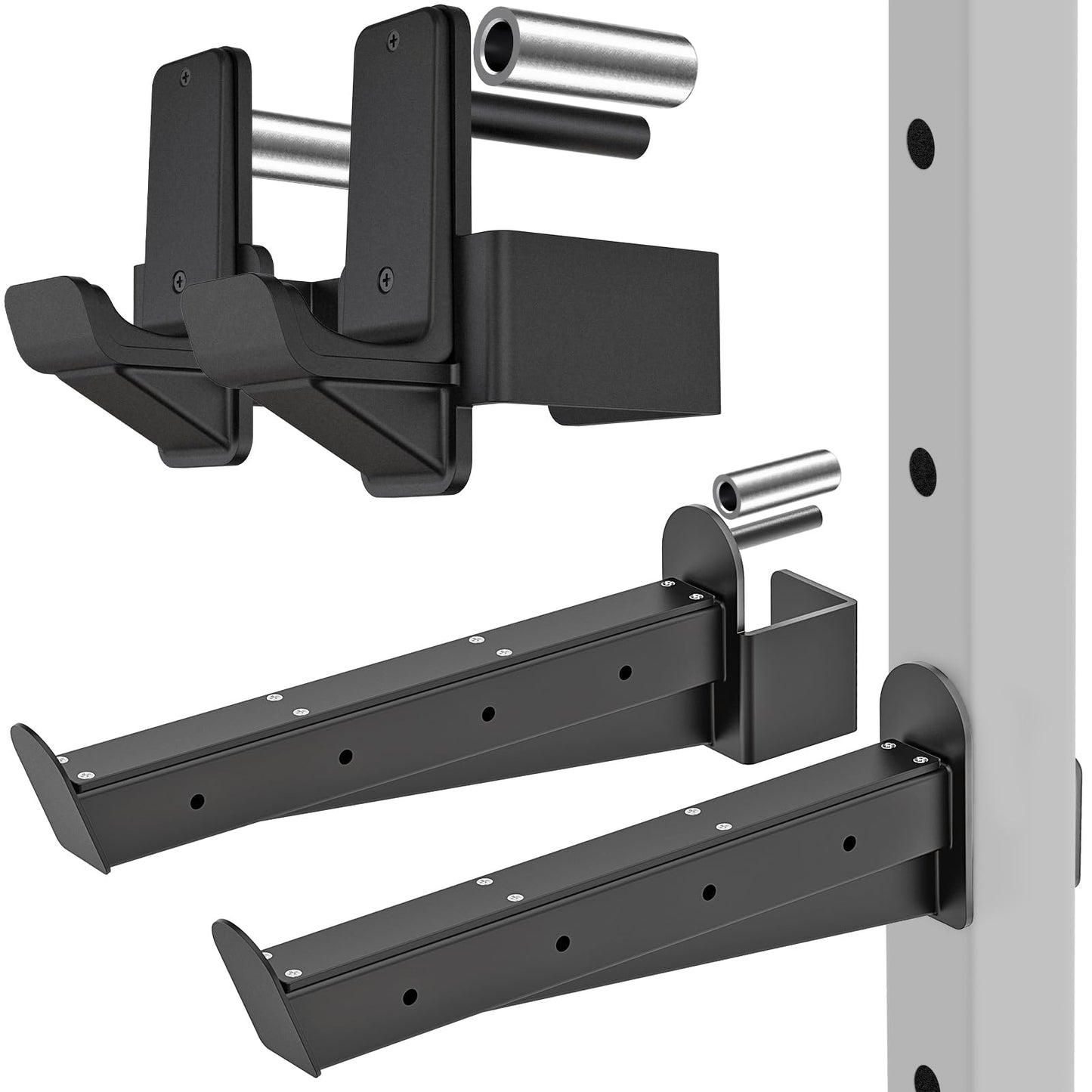 Kipika J-Hooks and Safety Spotter Arms for 3" x 3" Power Racks with 5/8" or 1" Hole - Heavy Duty Barbell Holders and Catches with Rubber Pads - Power Rack Attachments for Squat, Bench Press and More