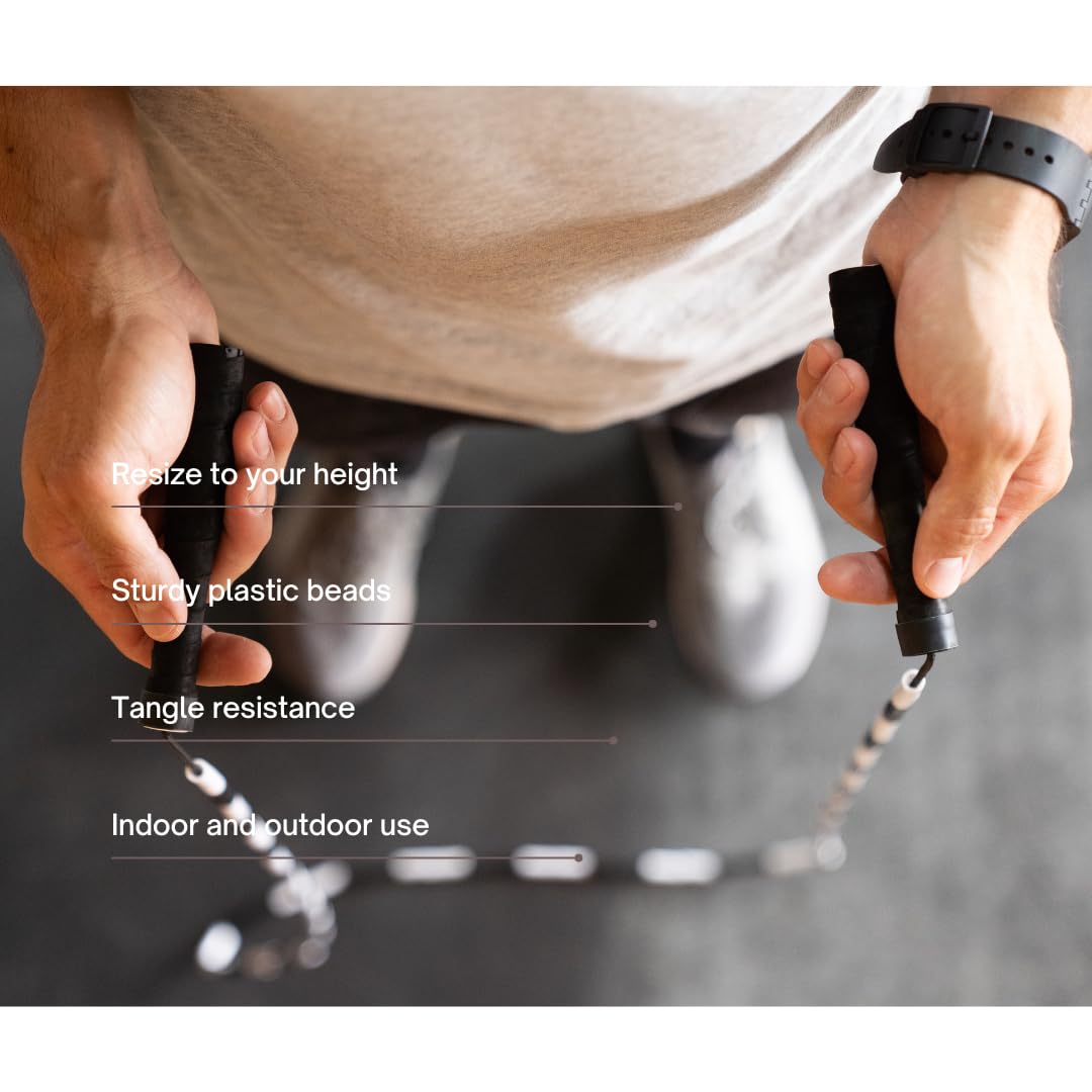 JOBEAR Athletics Beaded Jump Rope for Functional Fitness Athletes - Grip Tape Handles - Tangle-Free - Adjustable - Jump rope for Adults, Teens, and Kids (Black/White)