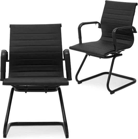 Athena Collection Desk Chairs No Wheels Set of 2, Office Guest Chairs with Sled Base Mesh Back Armrest, Side Reception Armchairs for Reception Conference Waiting Room, Black