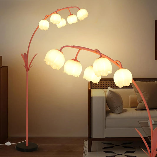 HMVPL Arc Floor Lamp for Living Room, Flower Floor Lamp with 5 G9 LED Bulbs, Foot Switch, Green Floral Standing Lamp with Acrylic Shade, Curved Tall Lamp for Living Room Bedroom Corner Kids Reading