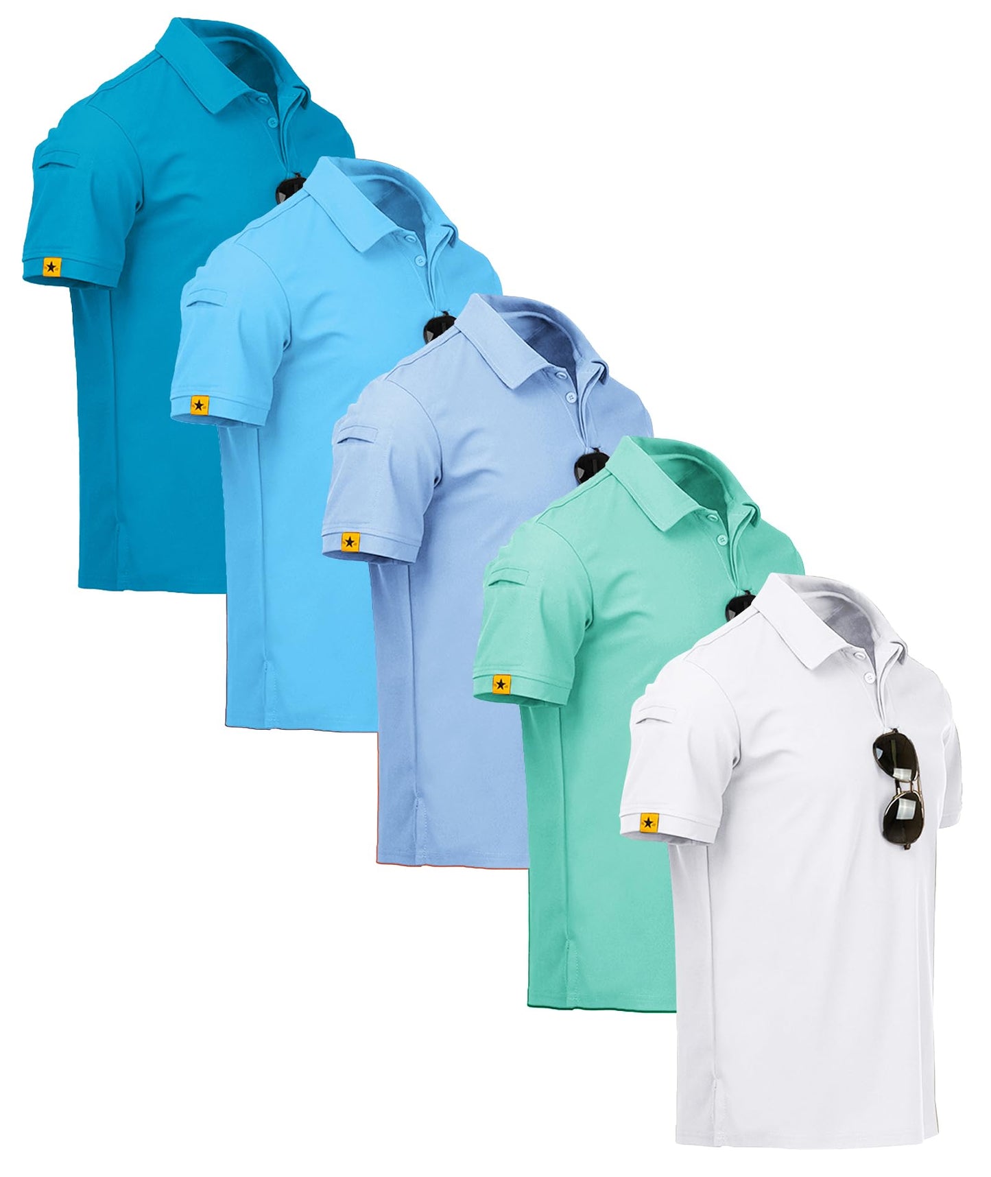 ZITY 5 Pack Mens Polo Shirt Short Sleeve Sports Golf Tennis T-Shirt Moisture-Wicking Summer Shirts White Moon Bluegreen Turquoise Sky XL