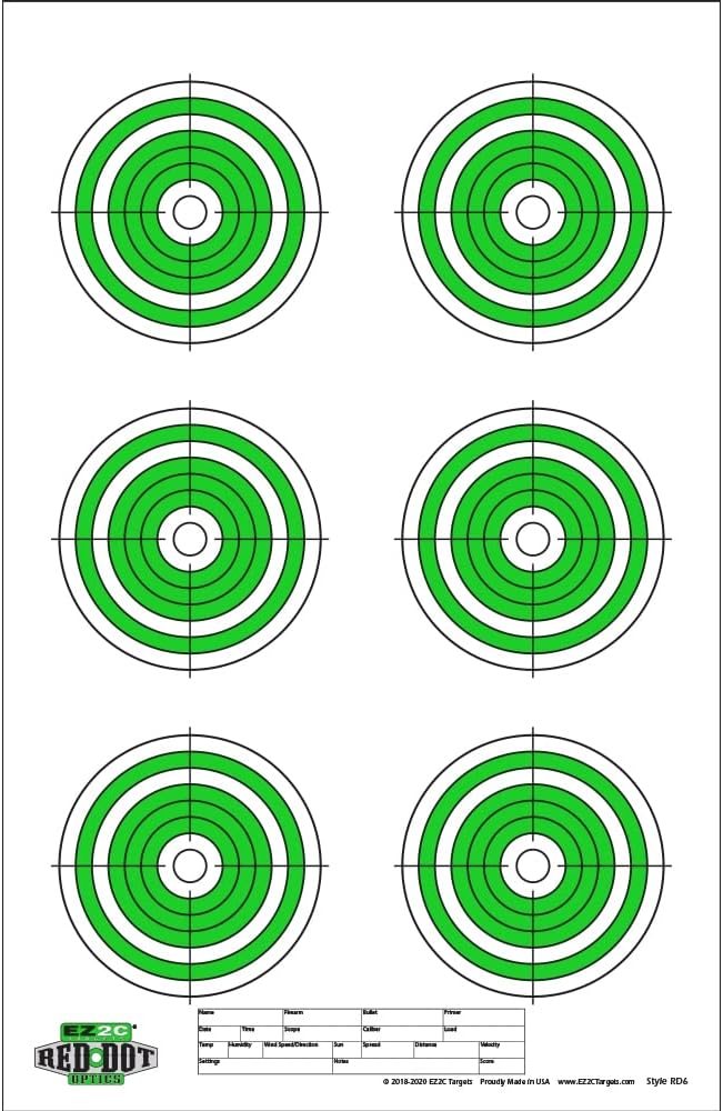 Red Dot Optics Style 6: Six 4' Bullseyes by EZ2C Targets | Paper Targets | High Visibility Firearms and Rifles Target 11" x 17"