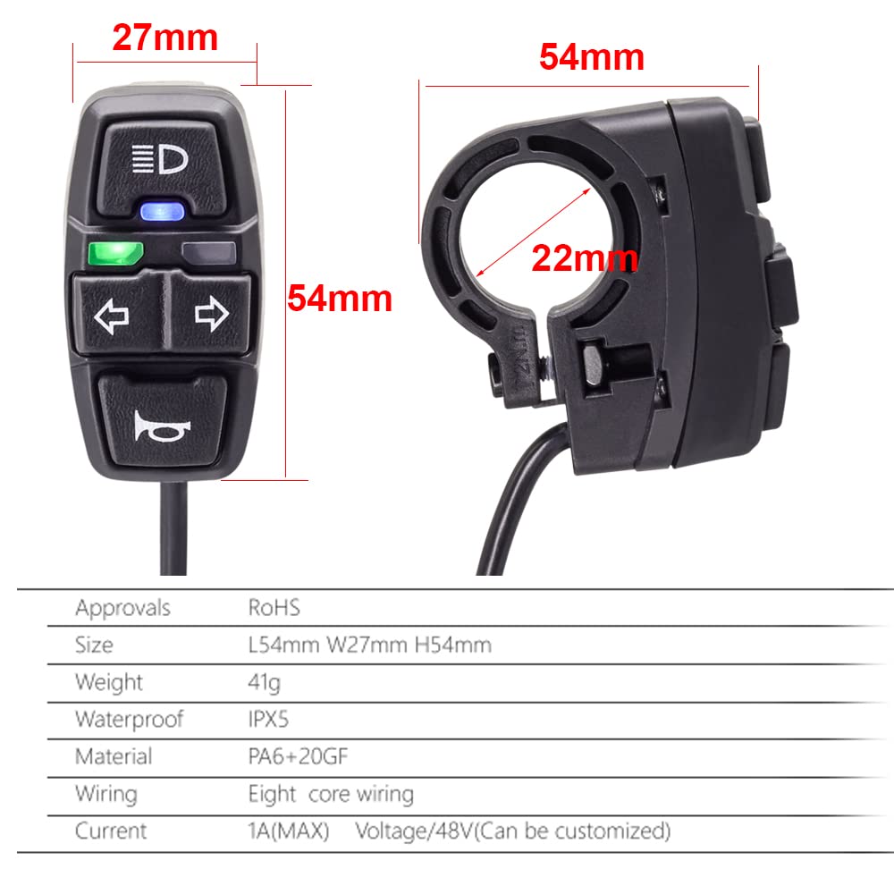 36V 48V Ebike Light Kit, Electric Bike Headlight Horn 100dB, Ebike Tail Light with Turn Signal, Fits Rear Rack Mount Holes 50mm 80mm, Not Compatible with Waterproof Controller or Middle Motor