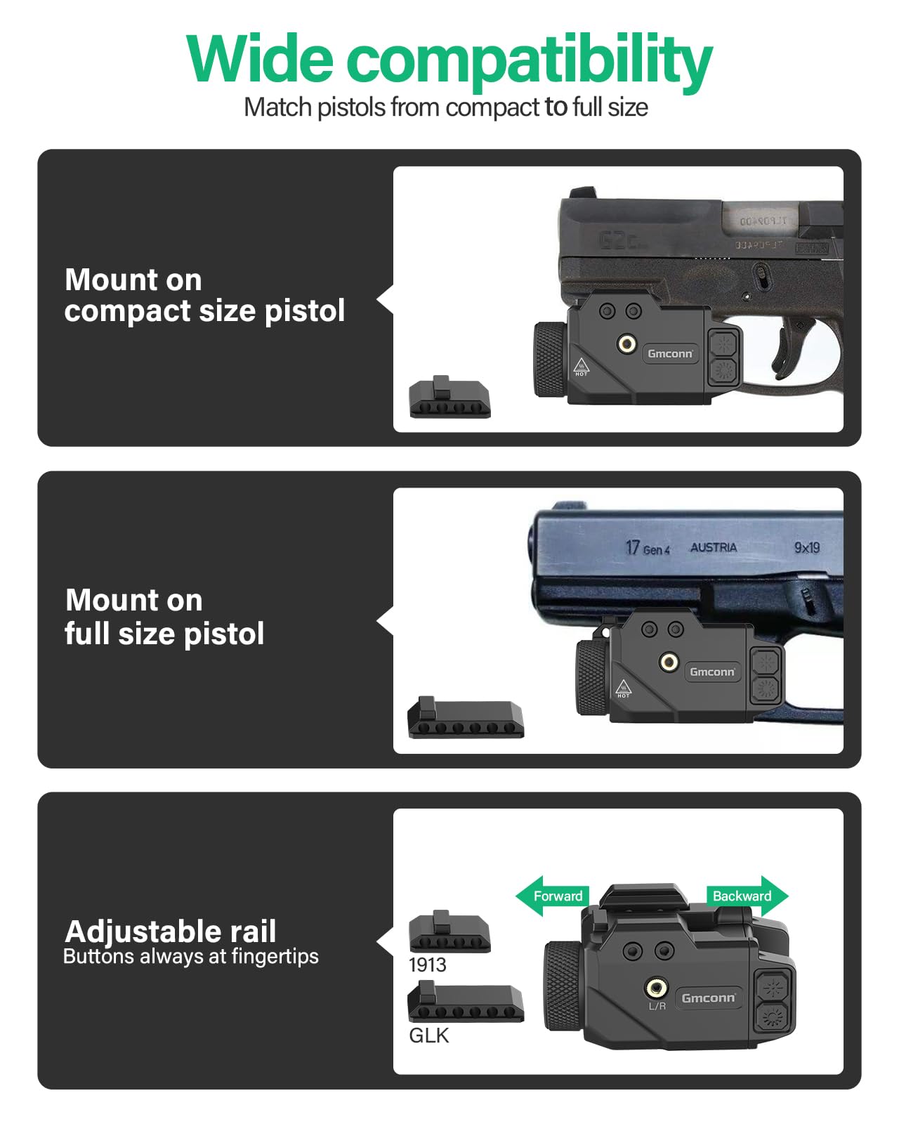 Gmconn 800 Lumen Tactical Flashlight Green Red Blue Laser Light Combo, Rechargeable Pistol Light with Strobe Function (Green Laser)