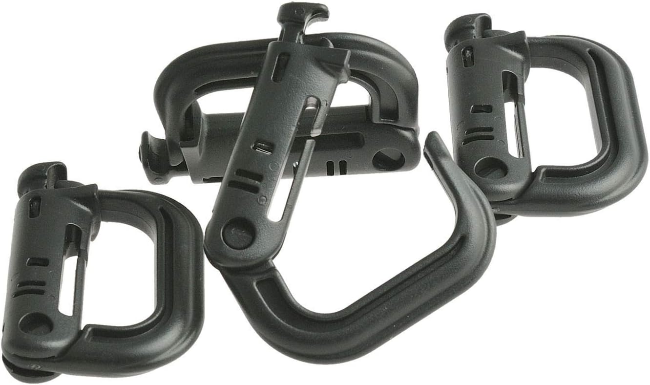 valonic Grimloc Carabiner, 4 Pack, Very Robust, Black and Stable Plastic D-Ring for Tactical Backpacks and Bags with 1" / 25mm Strap for attaching Equipment, Molle