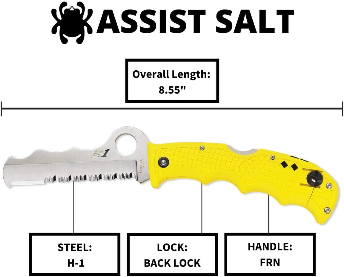 Spyderco Assist Salt Knife with 3.68" H-1 Corrosion-Resistant Stainless Steel Blade and Lightweight Yellow FRN Handle - SpyderEdge - C79PSYL