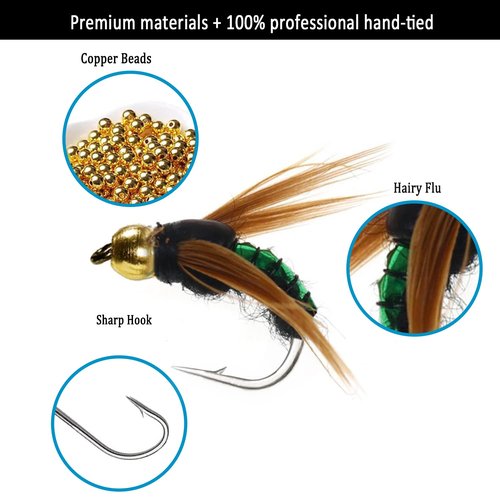 IEVEI 12Pcs Fly Fishing Flies Kit, Premium Hand-Tied Fly Fishing Flies Assortment, Dry/Wet Flies, Nymphs Scud Streamers Flies with Portable Fly Fishing Box for Trout Bass Fishing Lures