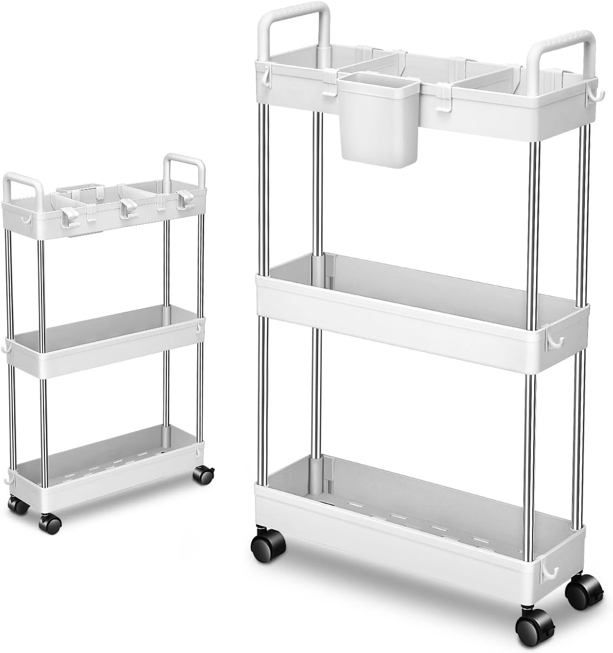 DNA MOTORING 3 Tier Slim Rolling Storage Cart, Plastic Utility Cart Organizer, Mobile Shelving Unit Utility Cart for Garage, Warehouse, Kitchen, Bathroom, Narrow Space, w/Wheel, White, TOOLS-00797-WH