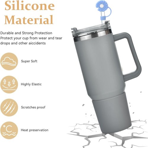 Haundry 2-Pack Silicone Boot and Straw Covers for 40oz Stanley Cup, Protective Water Bottle Bottom Sleeve Cover for Stanley Simple Modern 40oz Cups (Grey)