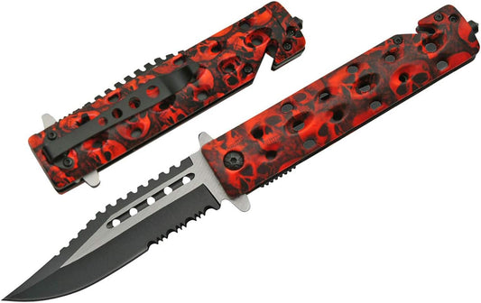 SZCO Supplies Assisted Opening Skull Knife - 8.5" Red & Black Tactical Folding Knife with Stainless Steel Blade, Seat Belt Cutter, Glass Breaker, and Pocket Clip - Skull Design EDC Knife