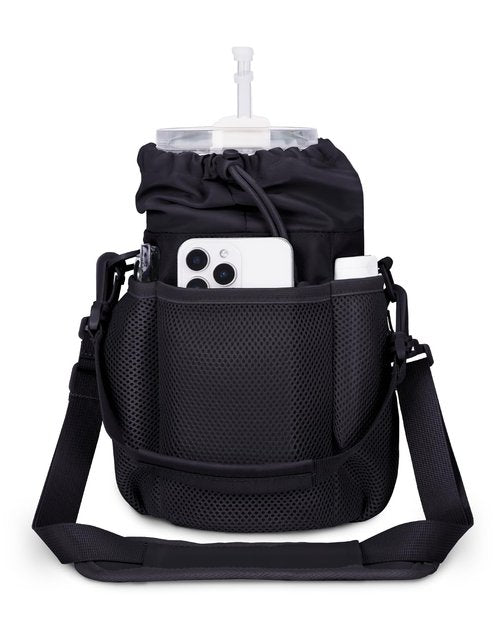ECOHUB Water Bottle Holder with Strap, Full Coverage Stanley Cup 40/30 oz Tumbler, Insulated Water Bottle Carrier Bag with Back Safety Pocket, Crossbody Sling with Handle for Walking, Black