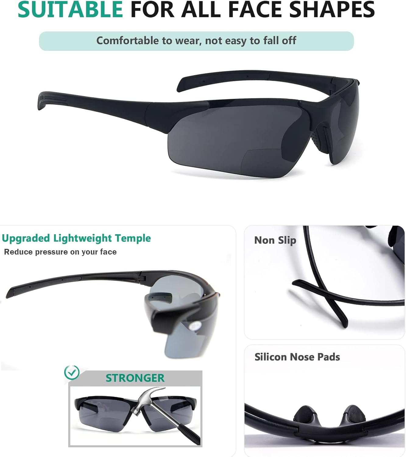 Eyekepper TR90 Unbreakable Sports Half-Rimless Bifocal Sunglasses Baseball Running Fishing Driving Golf Softball Hiking