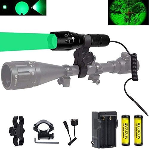 BESTSUN Green Light 350 Yards Predator Light Zoomable Tactical Hunting Green Led Flashlight Coyote Varmint Hunt Torch with Pressure Switch, Rail & Scope Mounts, Batteries and Charger
