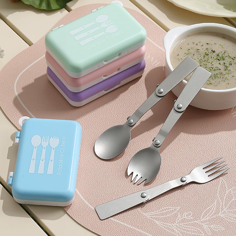 3Pcs Foldable Fork Spoon Spork Set 18/10(304) Stainless Steel Portable Folding Camping Flatware Set for Travel Thermos Outdoor Picnic Fishing Boating Backpacking (Purple)