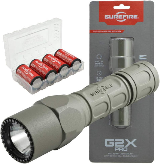 SureFire G2X Pro 600 Lumen Tactical EDC Flashlight Bundle with 4 Extra SureFire CR123A Batteries and Lightjunction Battery Case (Green)