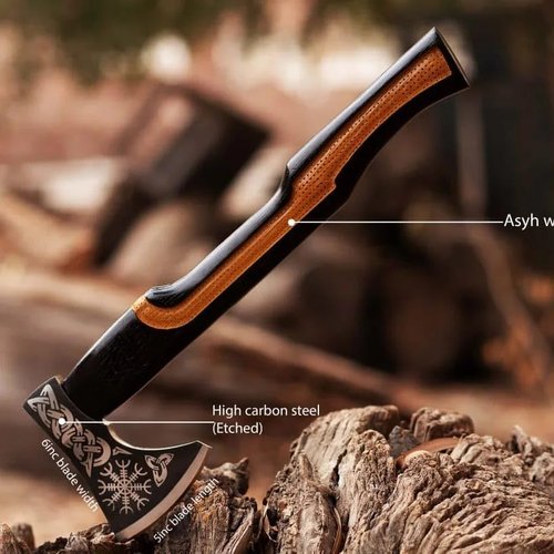 Wazir Crafts Handmade Viking Axe | 18" Carbon Steel Throwing Hatchet with Ash Wood Handle & Leather Sheath | Etched Norse Design, Functional & Collectible Gift(WCA-001)