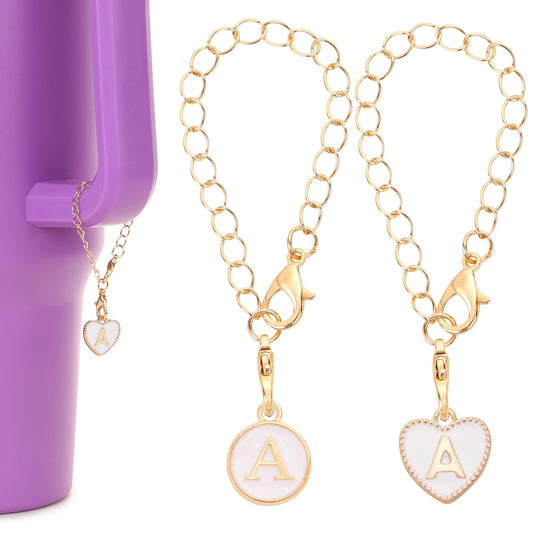 HOMICO 2PCS Round Heart Shaped Letter Chain Accessories for Stanley Cup Personalized Name ID Letter Chain Accessories for Stanley Tumbler, A