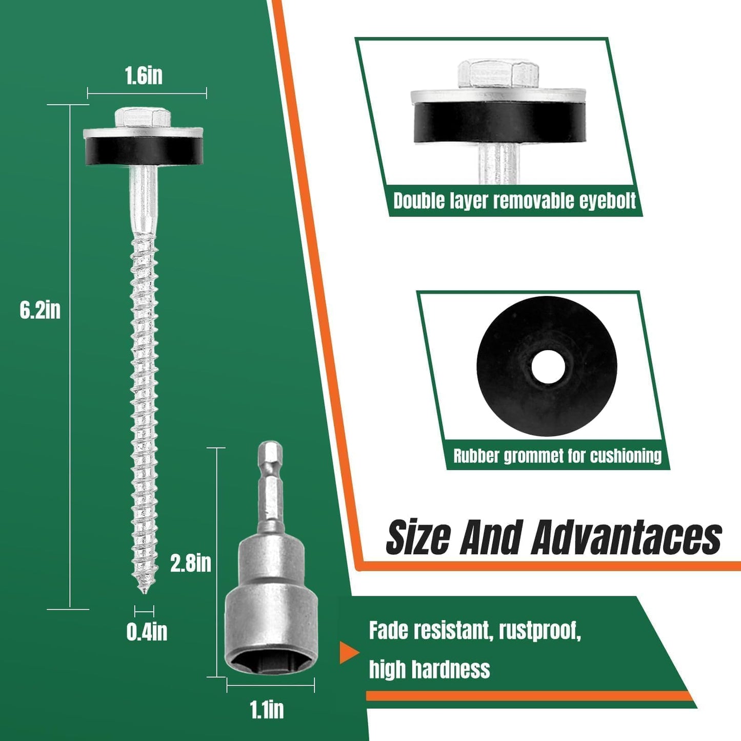 6 Pcs 6.2" Hex Pegs Drillable Threaded Tent Pegs Or Tent Stakes, Screw in Tent Pegs Stakes for Garden Canopies Grassland Canopies Awnings Camping Travel (Hex Tool and Storage Bag)
