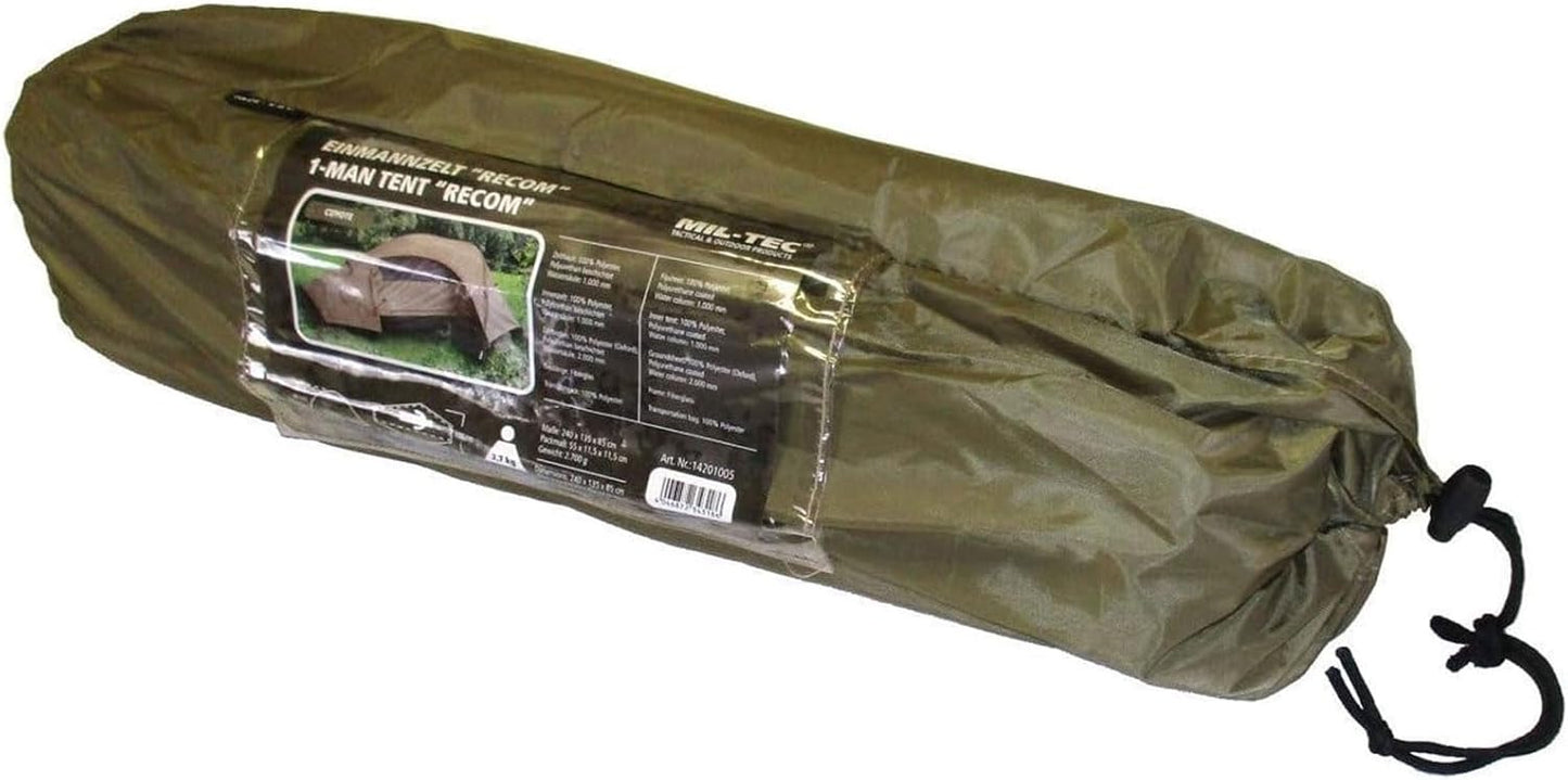 Mil-Tec Recom 1-Person Compact Lightweight Durable Weatherproof Wind & Storm-Resistant Easy-to-Install Tactical Outdoor Hiking Camping Tent with Zipper Entrance & Mosquito Net