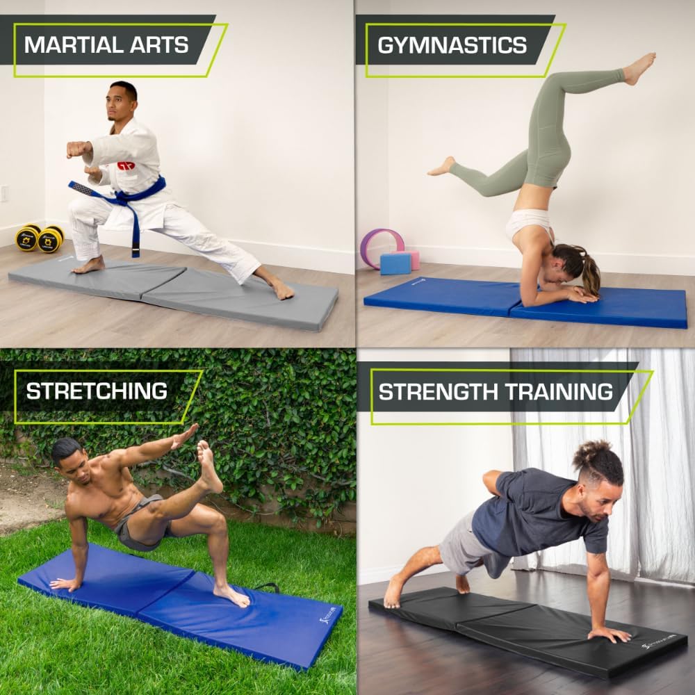 ProsourceFit Bi-Fold Folding Thick Exercise Mat 6’x2’ with Carrying Handles for MMA, Gymnastics Core Workouts, Blue
