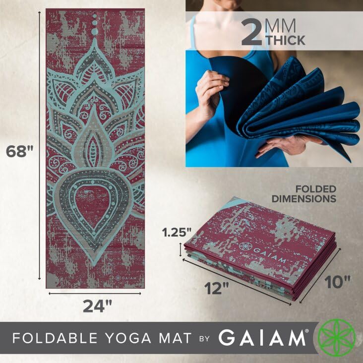 Gaiam Foldable Travel Yoga Mat - 68 Inch x 24 Inch, 2mm Thick, Be Free