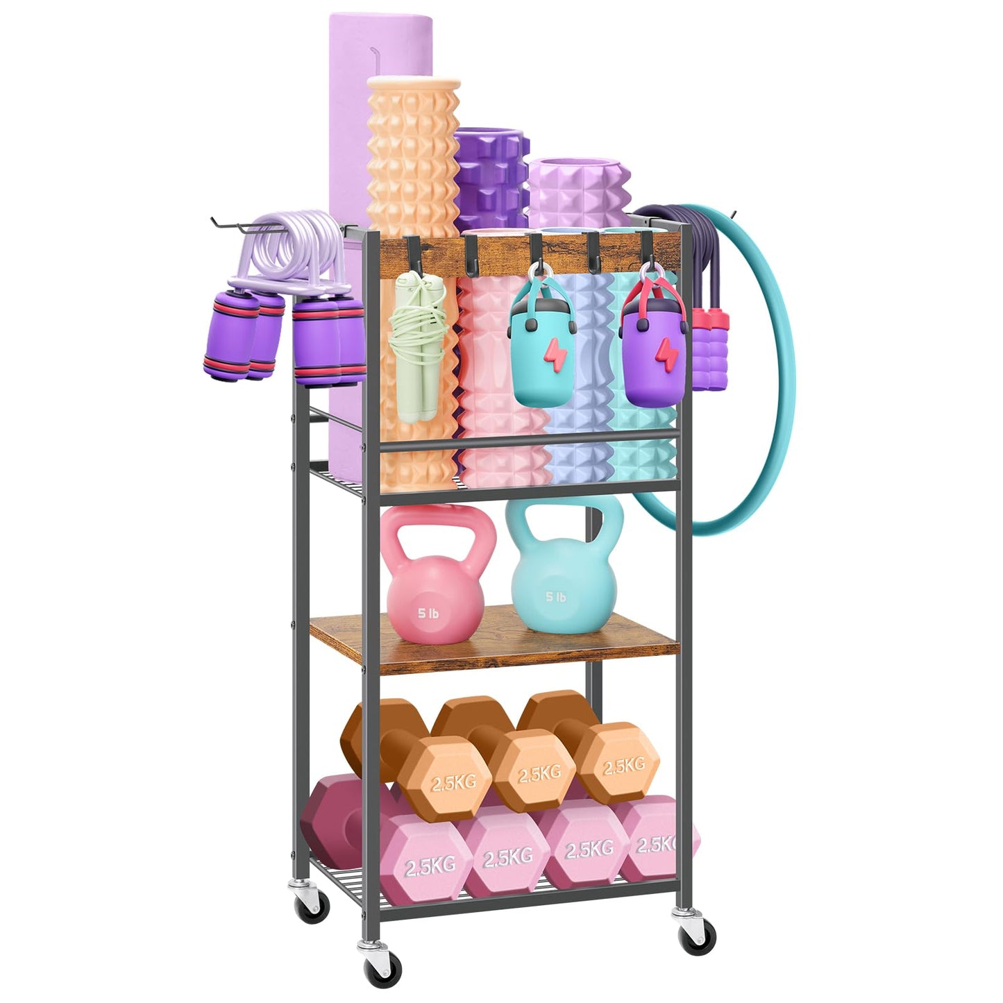 Home Gym Storage Rack, Heavy Duty Yoga Mat Holder Workout Equipment Storage Organizer Weight Rack with Hooks & Wheels for Dumbbells Kettlebells Dumbbell Yoga Block Foam Rollers Yoga Strap Resistance