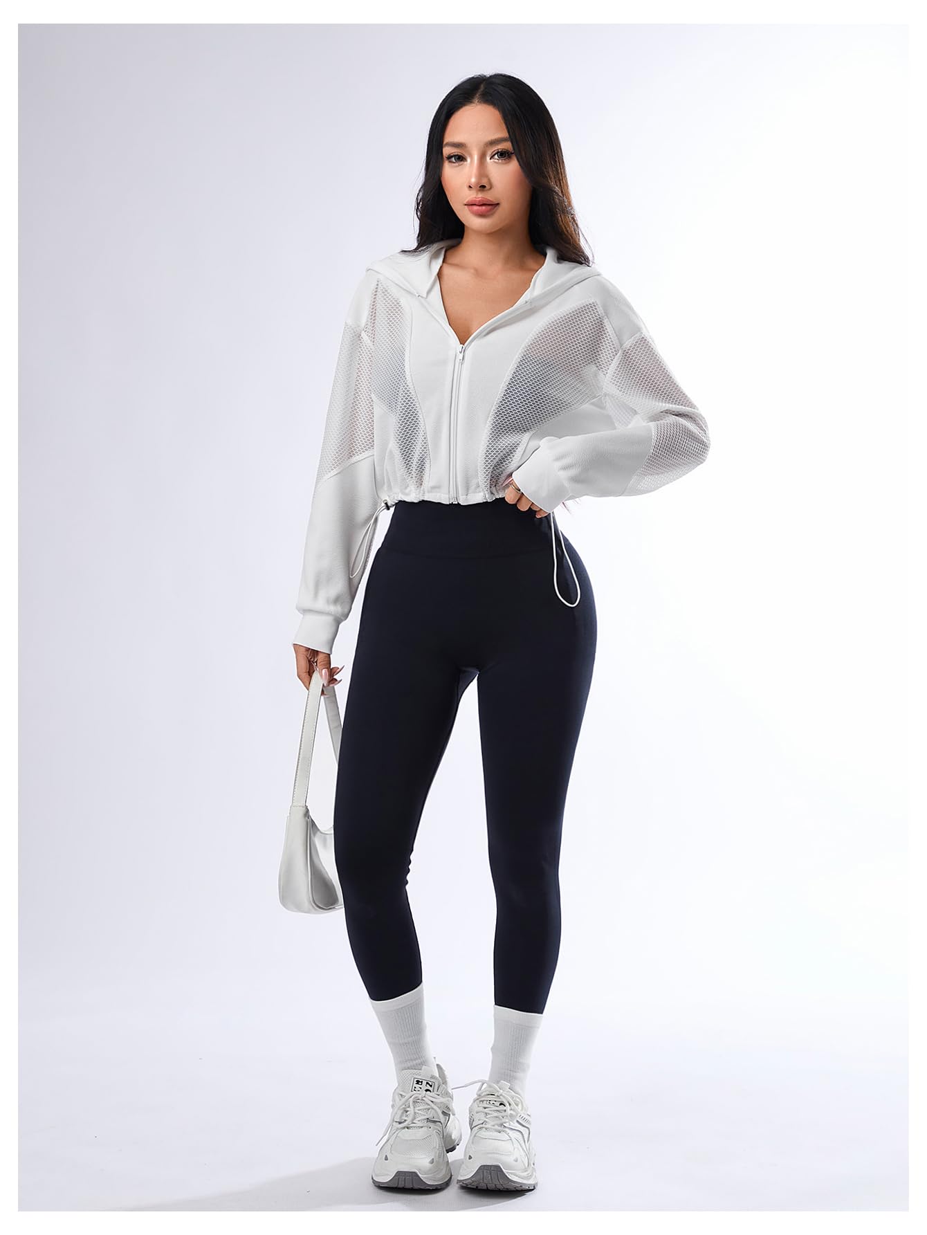 SweatyRocks Women's Zip Up Drawstring Hem Cropped Hoodie Mesh Workout Sports Track Lightweight Jacket Pure White M
