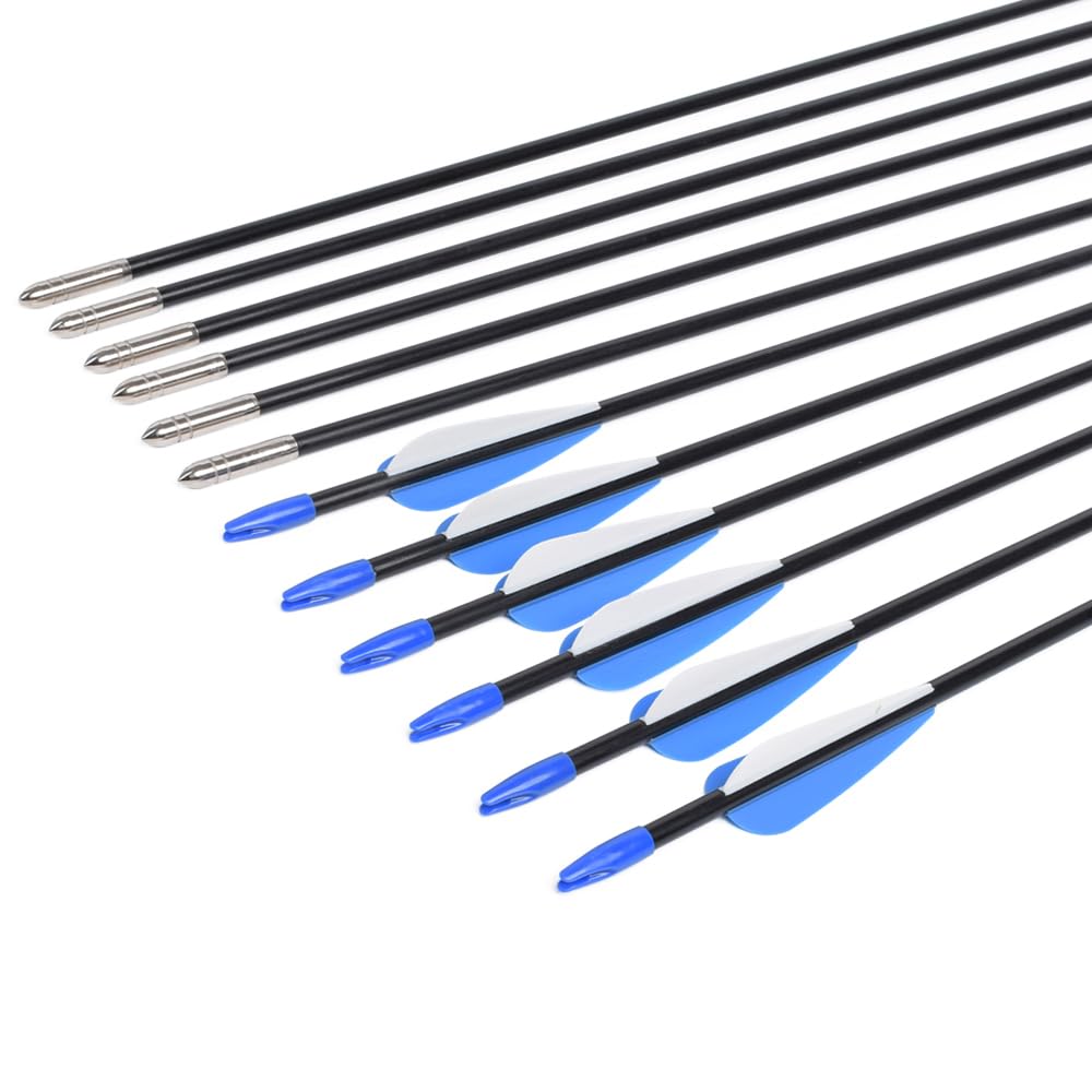 Fiberglass Arrows Archery 28 Inch Target Shooting Practice Safetyglass with Blue and White Vane for Recurve Bows Suitable for Youth Children Woman Beginner 6 PCS