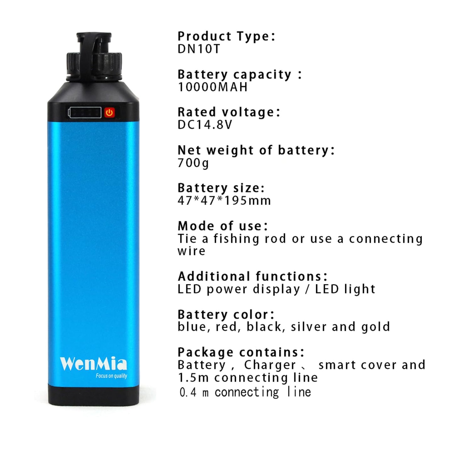 WenMia 14.8V Super Mini Electric Fishing Reel Battery IP68 Waterproof Aerospace Aluminum Body Compatible for Daiwa and Portable Design (Includes Quick Charger + 0.4m/1.5m Cable) (10000mAh)