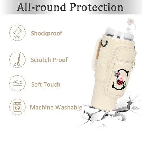 Water Bottle Carrier with Strap for Stanley 40 oz Tumbler,Personalized Initial ID Name Stanley Bag with Phone Pocket, Adjustable Strap, Stanley Cup Accessories (M, Cream)