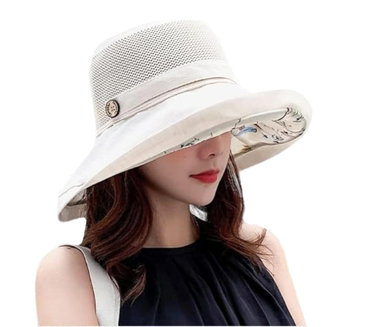 Women-Mesh-Sun-Hats-Bucket-Hat - Summer-Beach-Hat Fishing-Hat-Outdoor-UV-Protection Foldable-Travel-Hiking-Cap Beige