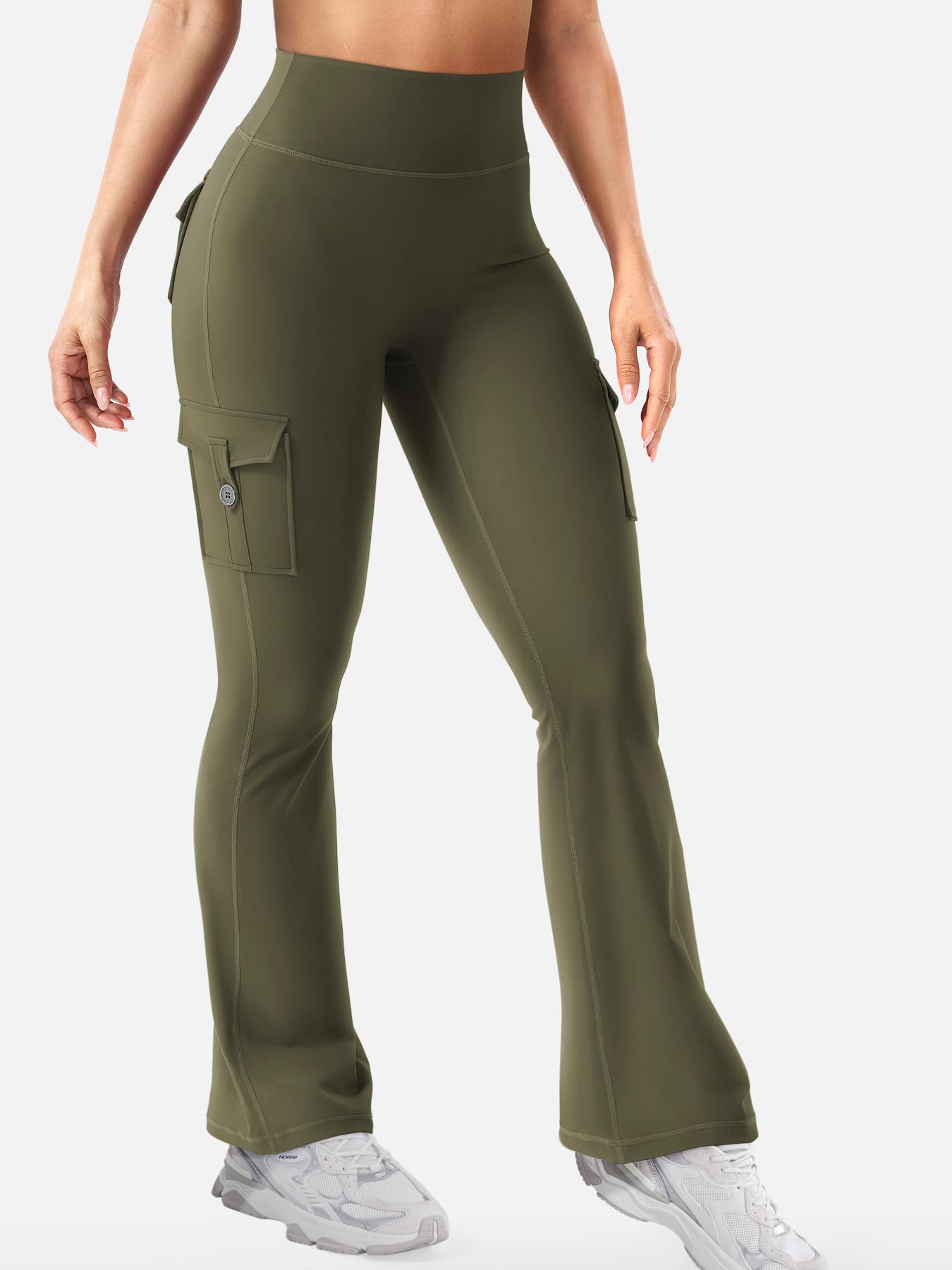 YEOREO CoreFlex Women Workout Flare Leggings with Pockets Scrunch Cargo Gym Yoga Leggings Army Green L