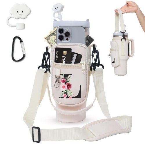 Sunegg Water Bottle Carrier Bag for Stanley 40 oz Tumbler with Handle, Water Bottle Holder Pouch with Phone Pocket, Straw Cover & Adjustable Strap, Accessories for Stanley Cup(Cream L)