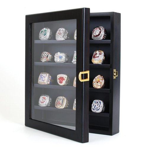 RECHIATO Championship Ring Display Case baseball Ring display Wooden Box Display Case for Sports Rings (12 Holes, Red)