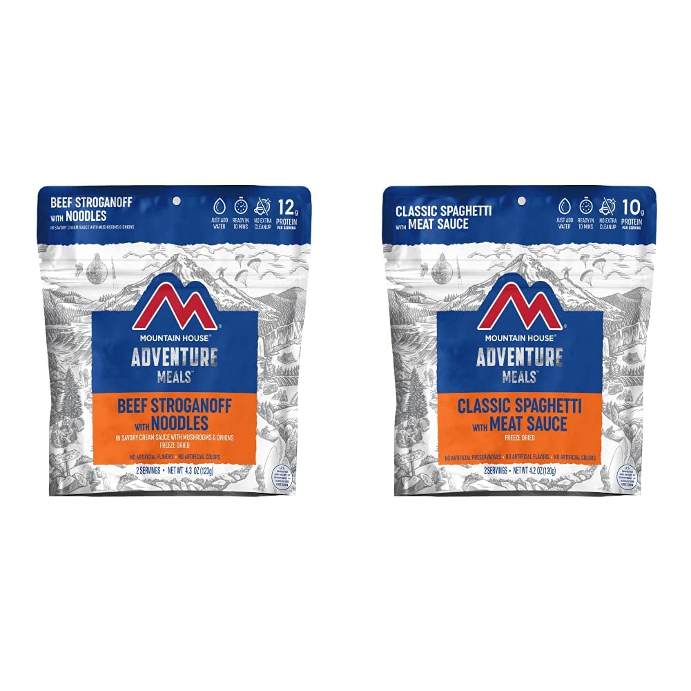 Mountain House Beef Stroganoff with Noodles | Freeze Dried Backpacking & Camping Food | 2 Servings and Mountain House Classic Spaghetti with Meat Sauce | Freeze Dried Backpacking & Camping Food |2 Servings Bundle