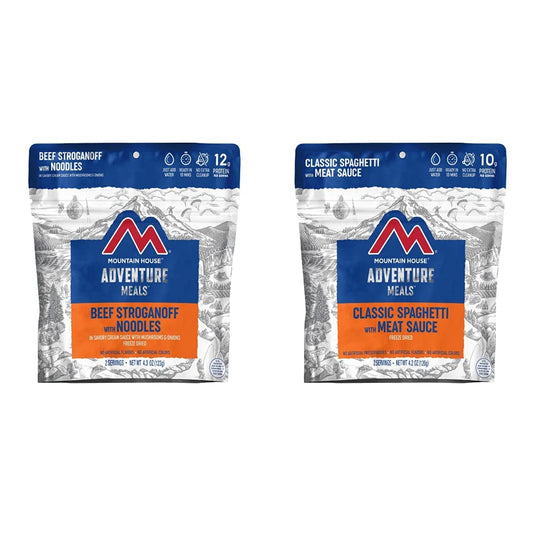 Mountain House Beef Stroganoff with Noodles | Freeze Dried Backpacking & Camping Food | 2 Servings and Mountain House Classic Spaghetti with Meat Sauce | Freeze Dried Backpacking & Camping Food |2 Servings Bundle