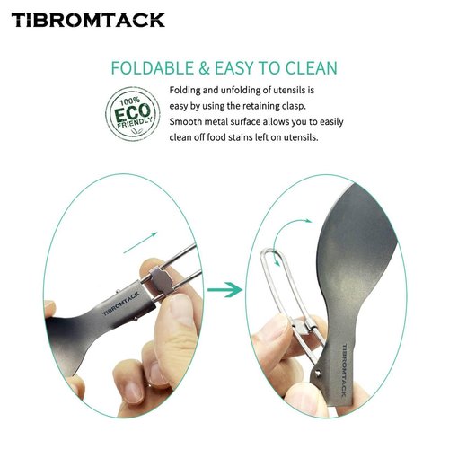 TIBROMTACK Titanium Folding Spoon, Outdoor Cutlery Extra Strong Ultra Lightweight (Ti), Healthy & Eco-Friendly Flatware for Camping, Hiking, Travel, Picnic