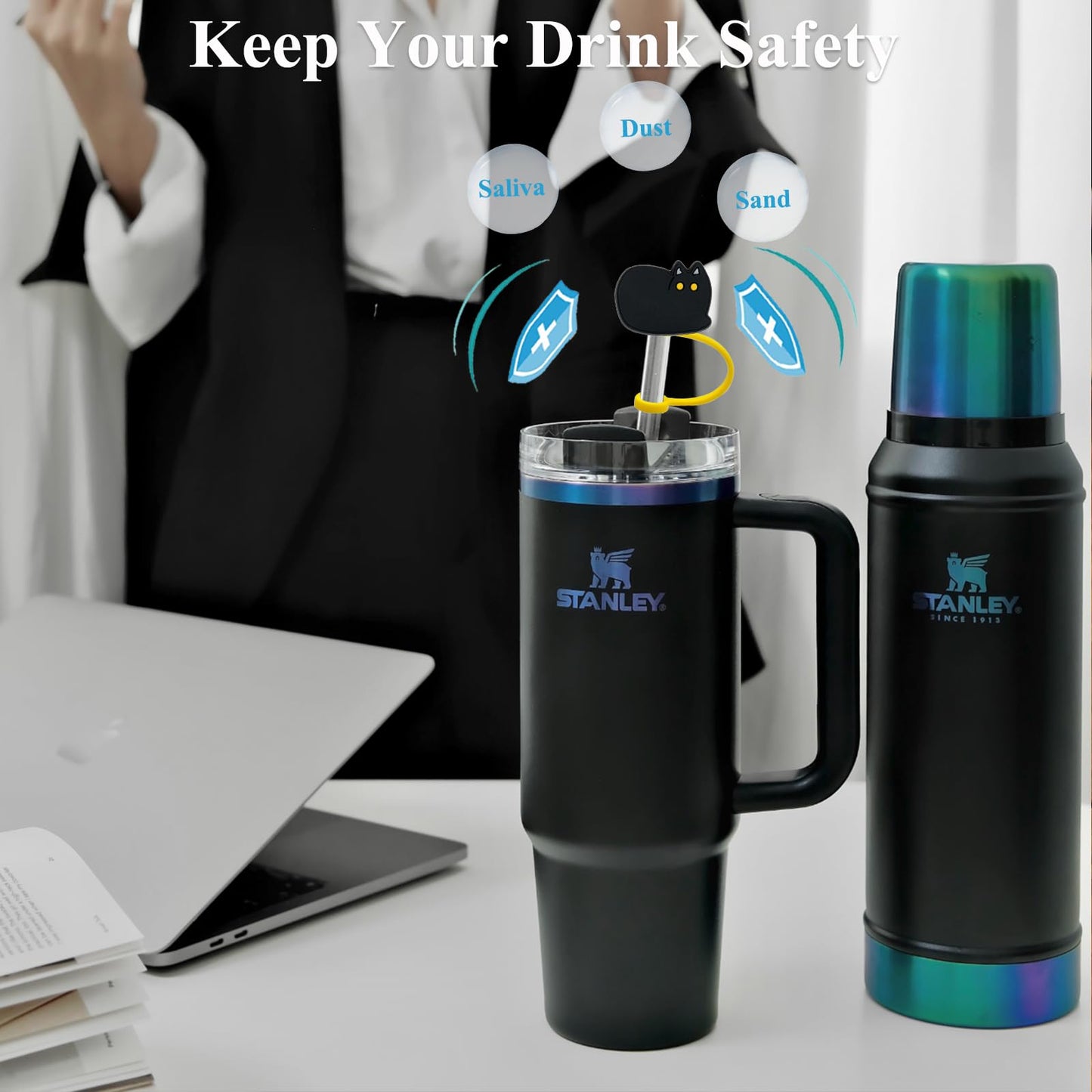 Amreich Cat Straw Cover Cap for Halloween Stanley Cup - 6PCs Cute Black Cat Straw Toppers for 30 40 Oz Tumbler with Handle Silicone Straw Tips Accessories for 10mm Straws