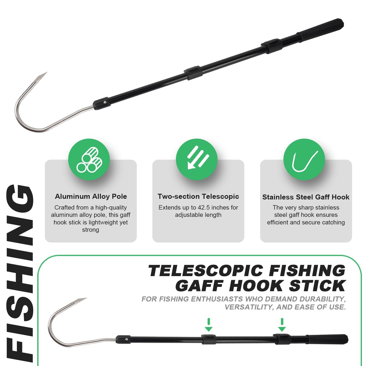 Fishing Gaff Spear Hook Stick with Stainless Gig Hook, Telescopic Aluminium Alloy Pole for Saltwater, Offshore Freshwater Ice Fishing Tool-44inch