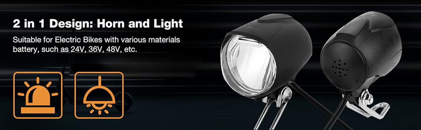 48v Ebike Light,2 in 1 Bike Headlight Front Light LED Lamp Horn for Electric E Bike 6V Led Light for Bafang 48 Volt Bike Light 48 Volt Headlight Horn