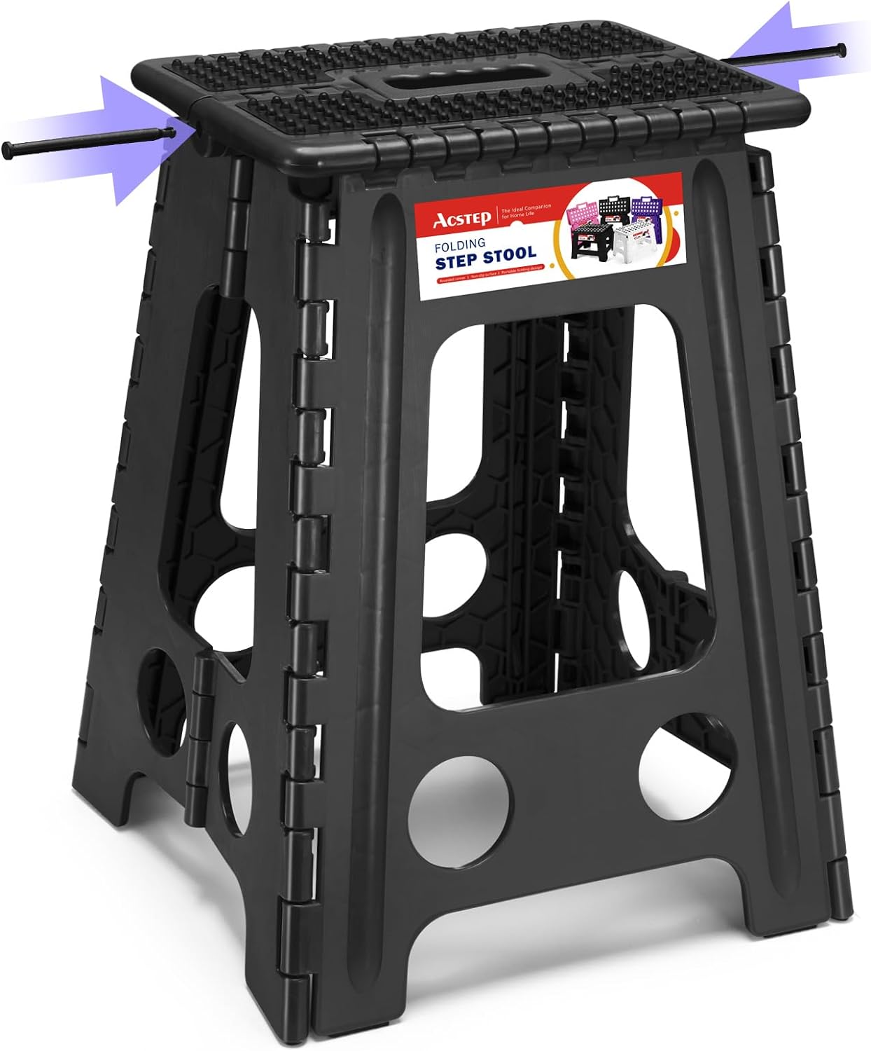 ACSTEP Folding Step Stool Foldable Stool 7.5 Inch Height Kids Step Stool, 300 lb Capacity Plastic Collapsible Stool, Stepping Stool with Handle Black Small Step Stool, Foot Stool Suitable for Kitchen