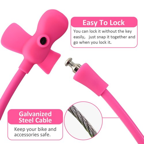 WOOQOTT Bike Cable Lock with Keys,Silicone Covered Kids Cable Lock Cartoon Lock,2 Feet Lock for Bike,Door,Skateboard,Helmet and More (Pink, Large)