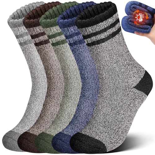 Yeblues 5 Pairs Wool Socks Mens, Winter Thick Merino Warm Hiking Socks,Soft Casual Thermal Crew Socks
