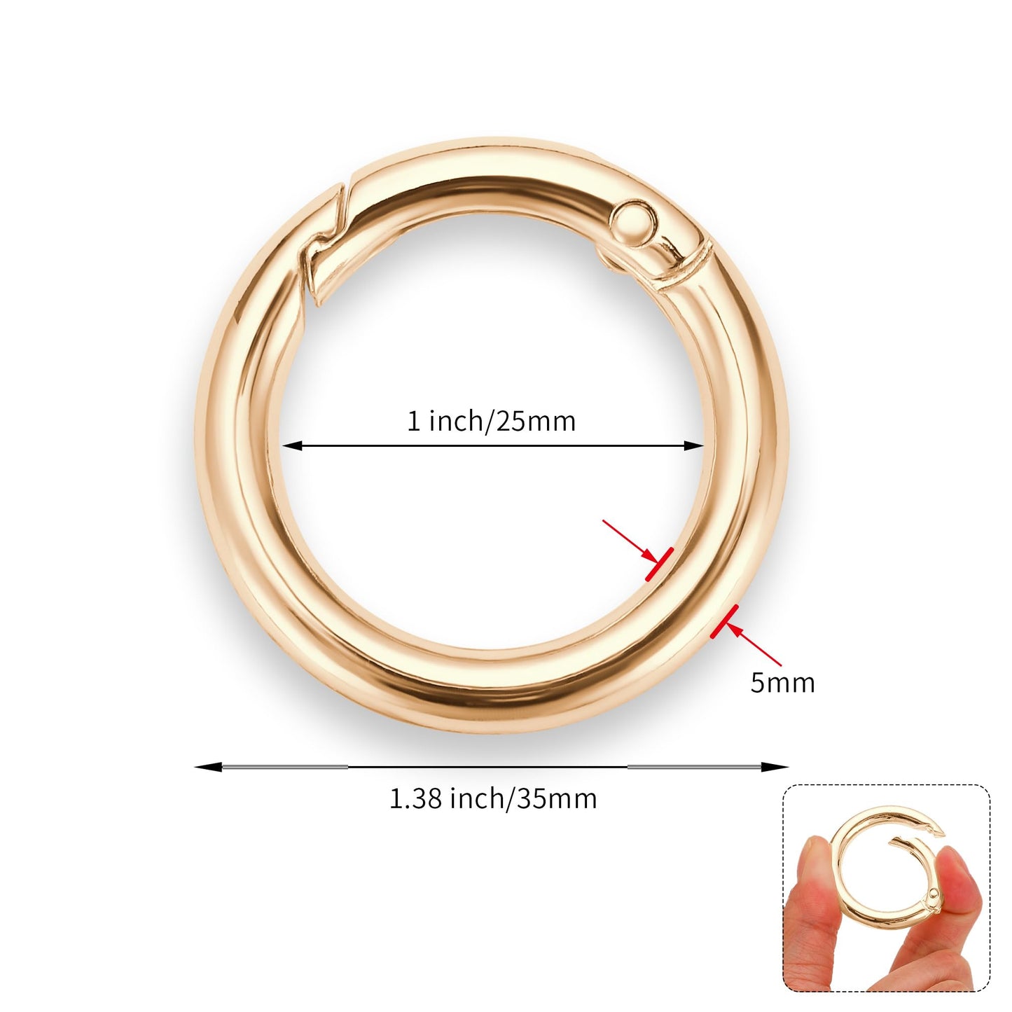 Gkeygo Key Ring Clip, 1 Inch Keychain Rings, 8 Pack Round Carabiner Clip for Keys, Buckle, Bags, Purses - Key Chain Hooks Replacement Keychains Lanyard DIY Crafts, Light Gold