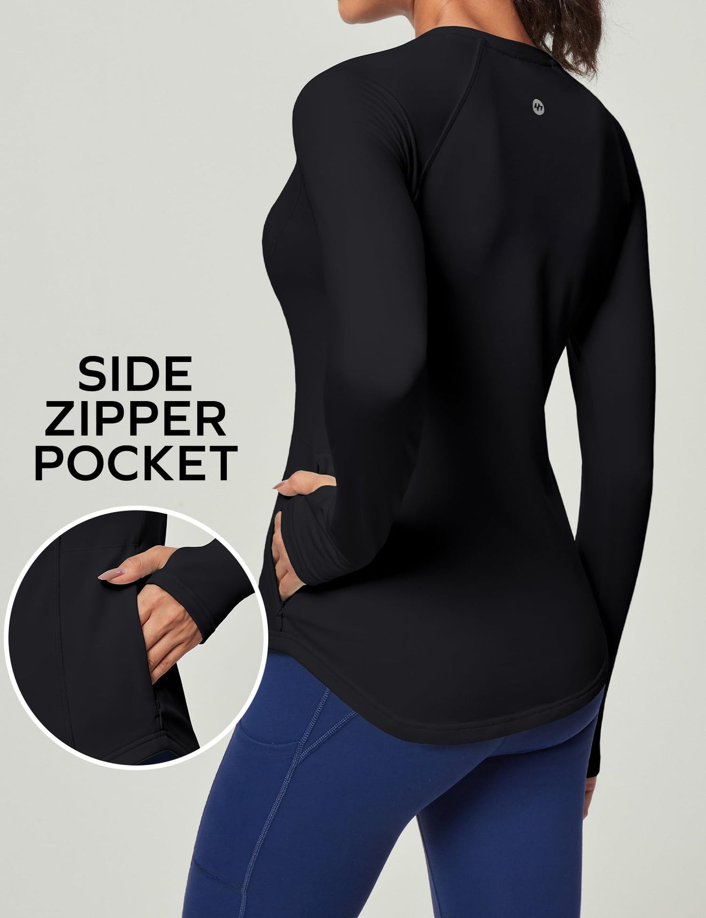 Ewedoos Thermal Shirts for Women Zipper Pocket Fleece Lined Long Sleeve Workout Tops Compression Running Hiking Ski Gear Black