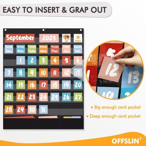 Classroom Calendar Pocket Chart with 84pcs Cards, Kids Calendar Pocket Chart for Classroom Decor, Circle Time Learning Center, School Homeschool Supplies (Black A)