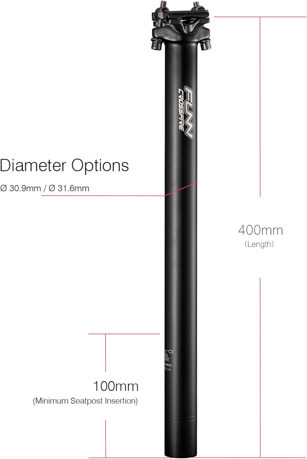 Funn Crossfire Bike Seat Post, Length 400mm, Diameter 30.9mm / 31.6mm, Aluminum Alloy AL6061, 3D Forged, One Piece Head and Shaft
